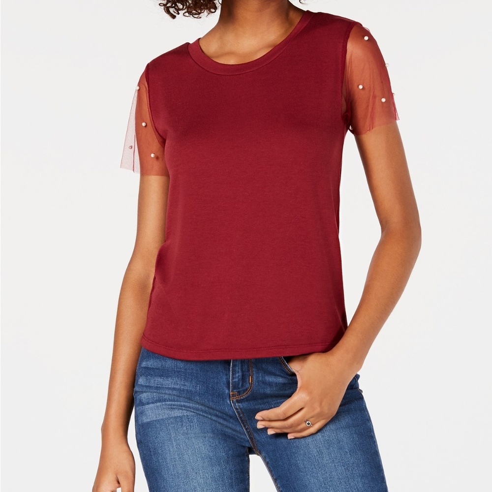 Crave Fame Juniors' Sheer-Sleeve Embellished Top